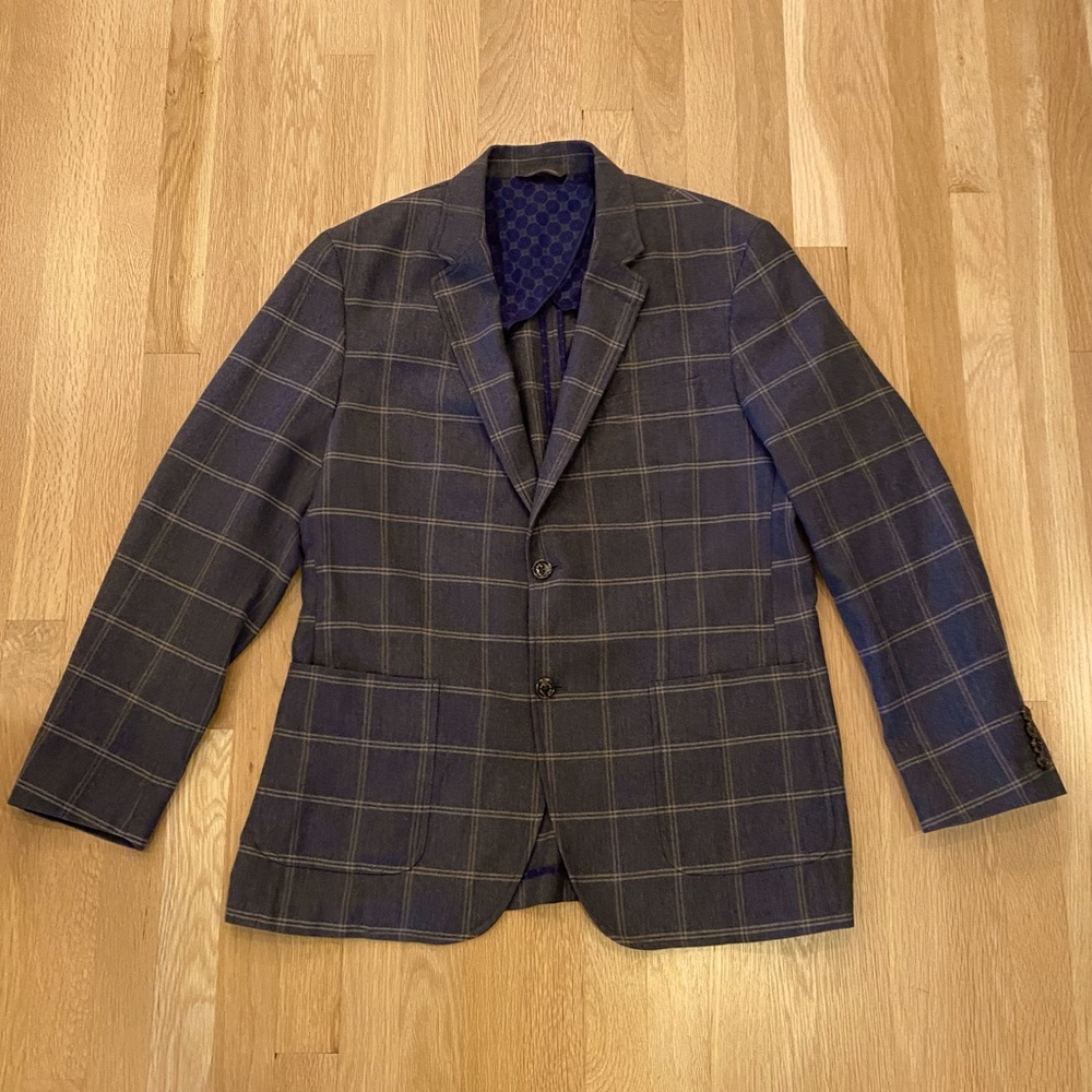 Tasso Elba Mens 2 Button Grey Sport Coat w Tan Window Pane Plaid / L 42-44